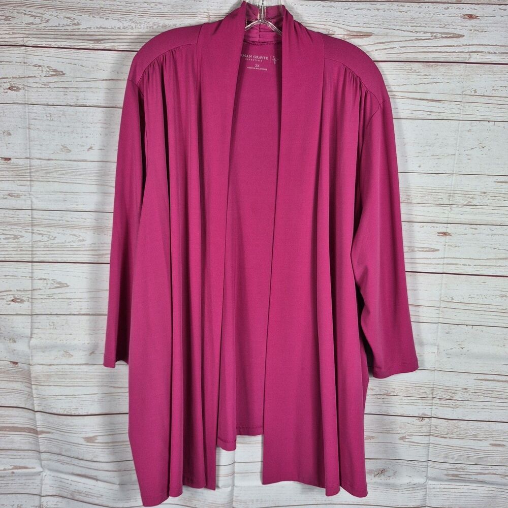 Susan Graver Pink Liquid Knit Open Front Cardigan 2XL 3/4 Sleeves Office Career
